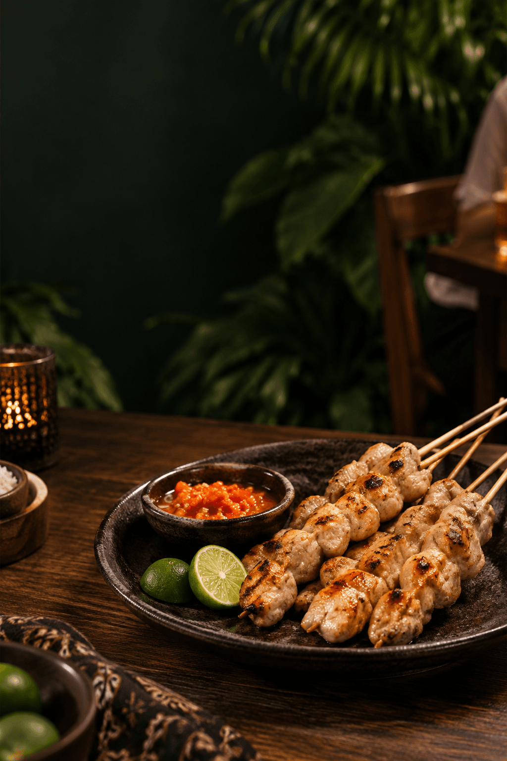 Sate taichan panggang dengan sambal dan jeruk limau